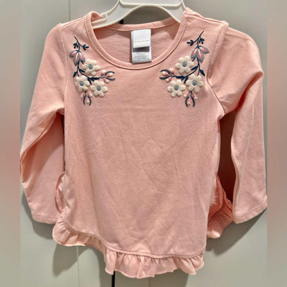 Tahari Pink Long Sleeve Kids Top with Floral Embroidery